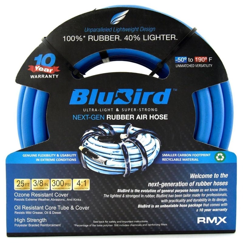 BLUBIRD BB3825 3/8" x 25' Rubber Air Hose, 100% Rubber, Lightest, Strongest, Most Flexible, 300 PSI, 50F to 190F Degrees, Ozone Resistant, High Strength Polyester Braided - Image 1